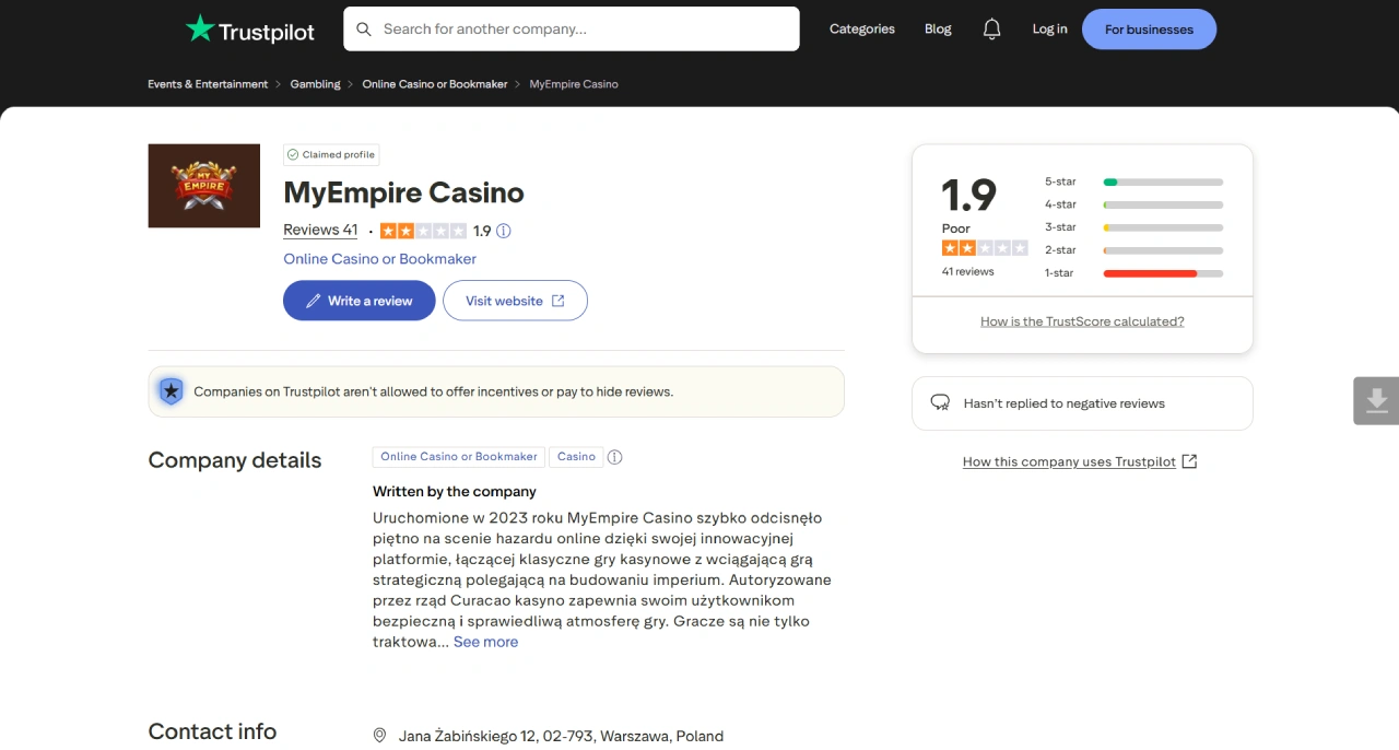 MyEmpire Casino Trustpilot